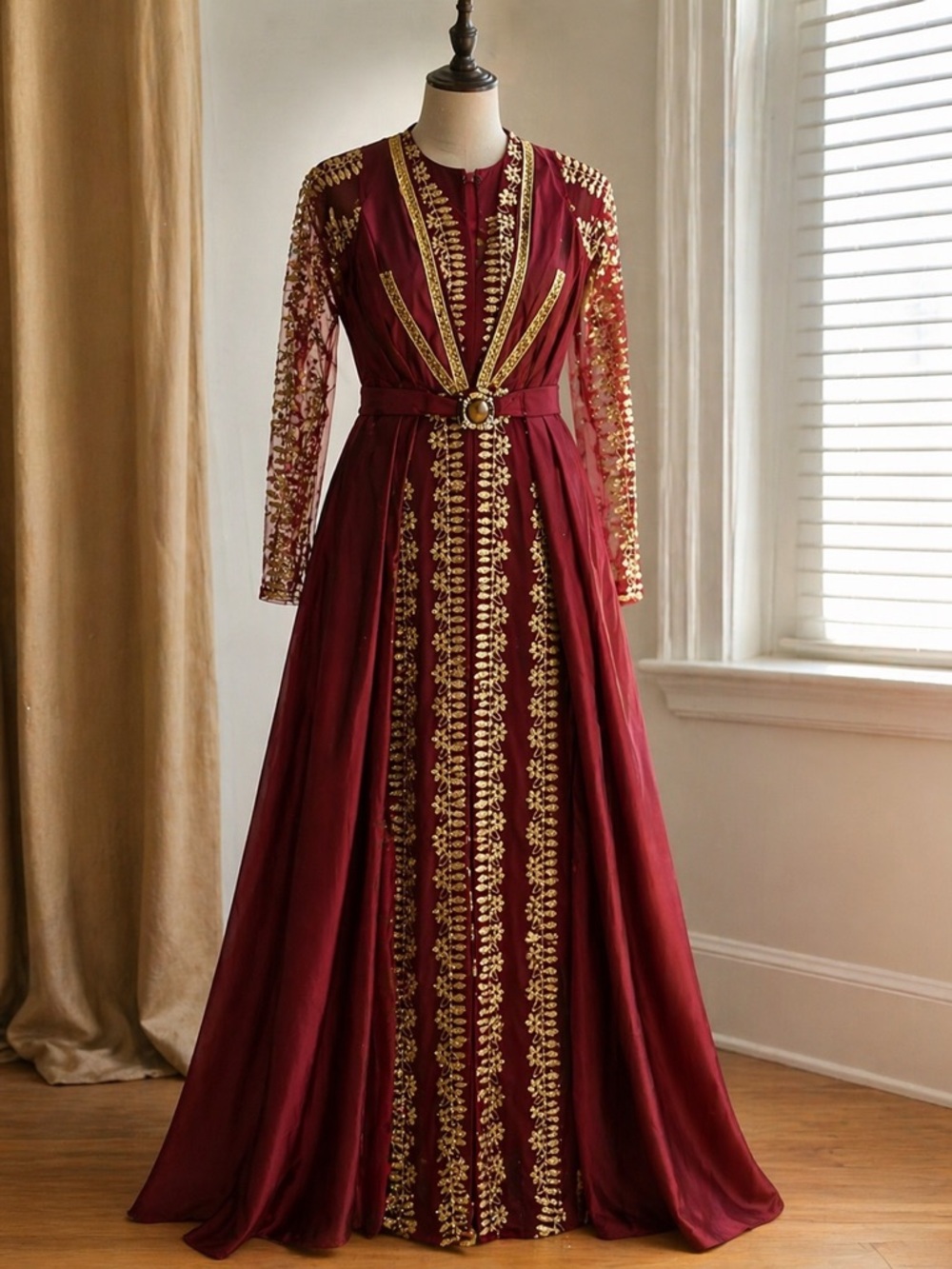 Elegant Burgundy Embroidered Kaftan Dress with Belt & Silk Cape